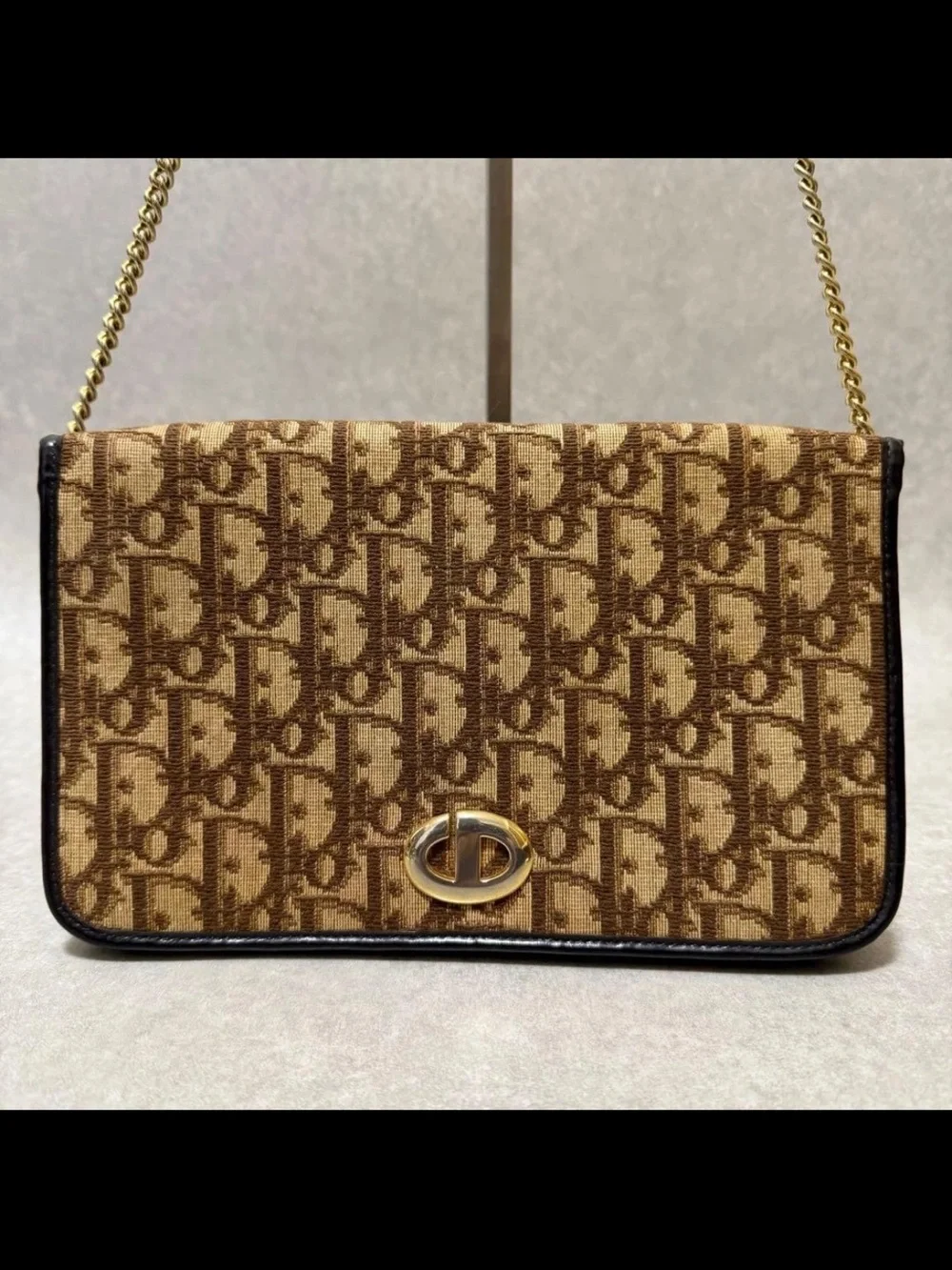 Dior Brown Logo Jacquard Crossbody with Gold Chain